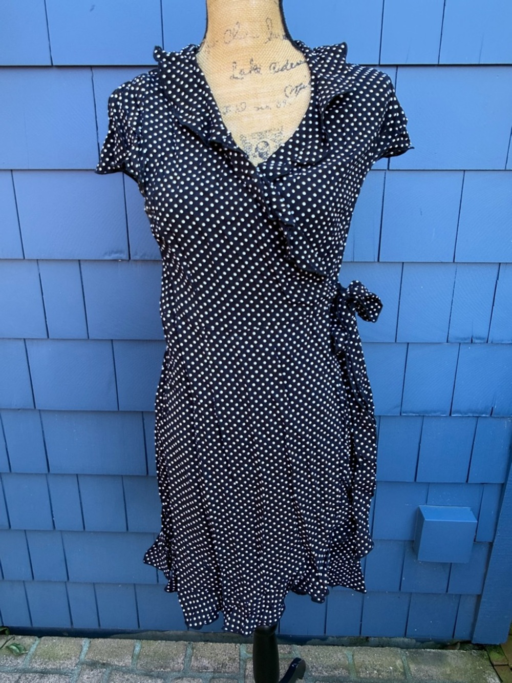 Pink Wheels black Polka Dot Wrap Dress with Ruffle Trim pinup L crepe